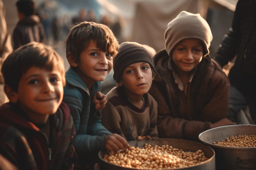 World humanitarian day. A helping hand to those affected by war and famine. A social problem. Refugees. Agust 19. In need of protection, food, homes. Search for a better life. Camp. Generative AI.
