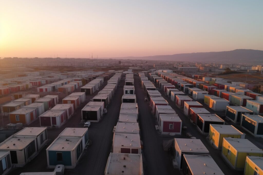 city of container houses containers with doors at sunset in turkey for the homeless, ai generation. High quality